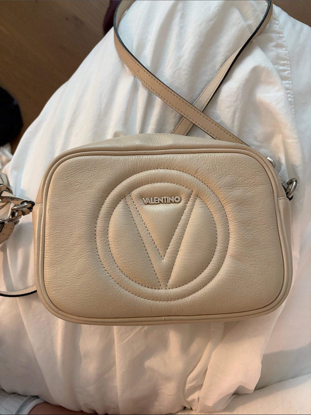 Valentino Cream Leather V-Logo Crossbody Bag